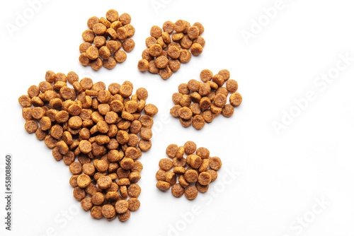 A dog's paw print consists of dog food pellets on a white background.