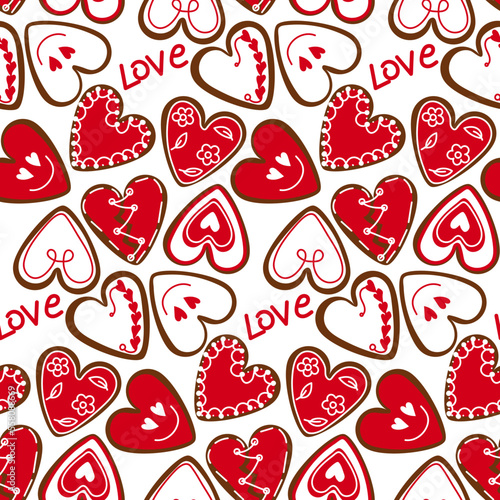 A pattern of a set of hearts of the same color in the form of cookies with icing. Ginger cookies in the shape of hearts with a different kind of glaze. Background for printing holiday packaging