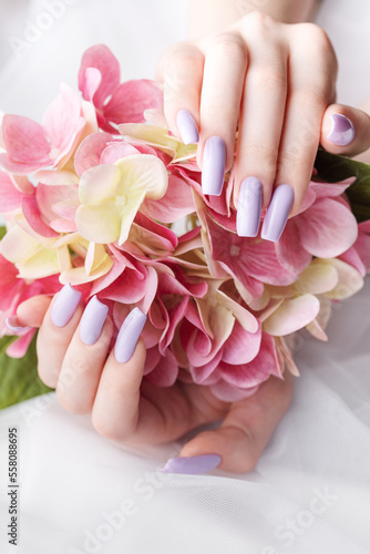 Girl s hands with a soft purple manicure.