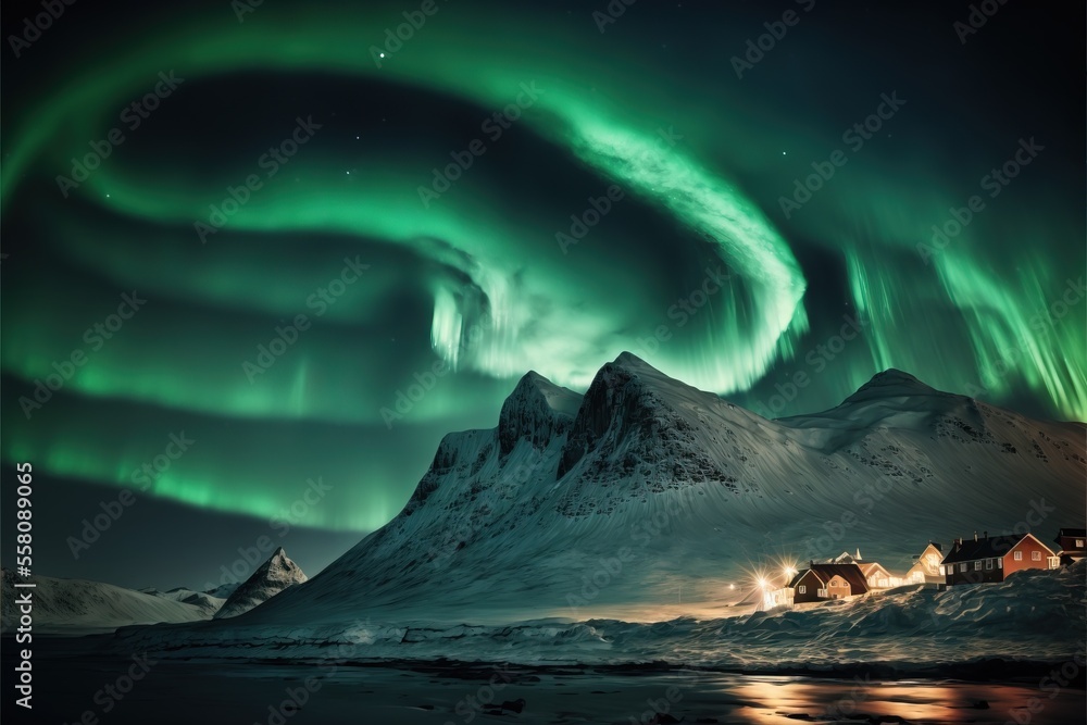 a green and white aurora bore over a snowy mountain range with houses and lights in the foreground and a green and white aurora bore above the snow covered mountain range with snowcaps.