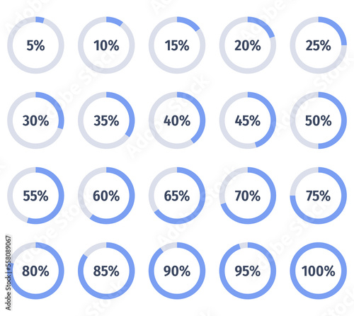  Set of colorful infographic percentage pie charts. Segment of hole circle icons 5% - 100%. Simple flat design loading data interface elements app, button, ui ux web. Progress, waiting or downloading 