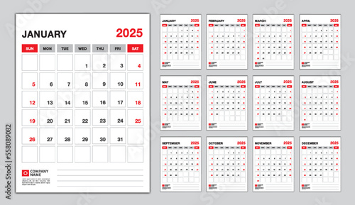 Calendar 2025 week start sunday, desk calendar 2025 design vector, Set of 12 calendar, wall calendar 2025 design, Poster, planner, advertisement, printing media, corporate design template vector.