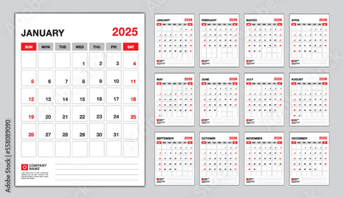 Calendar 2026 week start sunday, desk calendar 2026 design vector, Set of 12 calendar, wall calendar 2026 design, Poster, planner, advertisement, printing media, corporate design template vector.