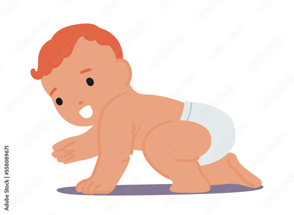 Newborn Redheaded Baby Crawling Isolated on White Background. Cute Innocent Infant Character Wear Diaper Playing Newborn Redheaded Baby Crawling Isolated on White Background. Cute Innocent Infant Character Wear Diaper Playing