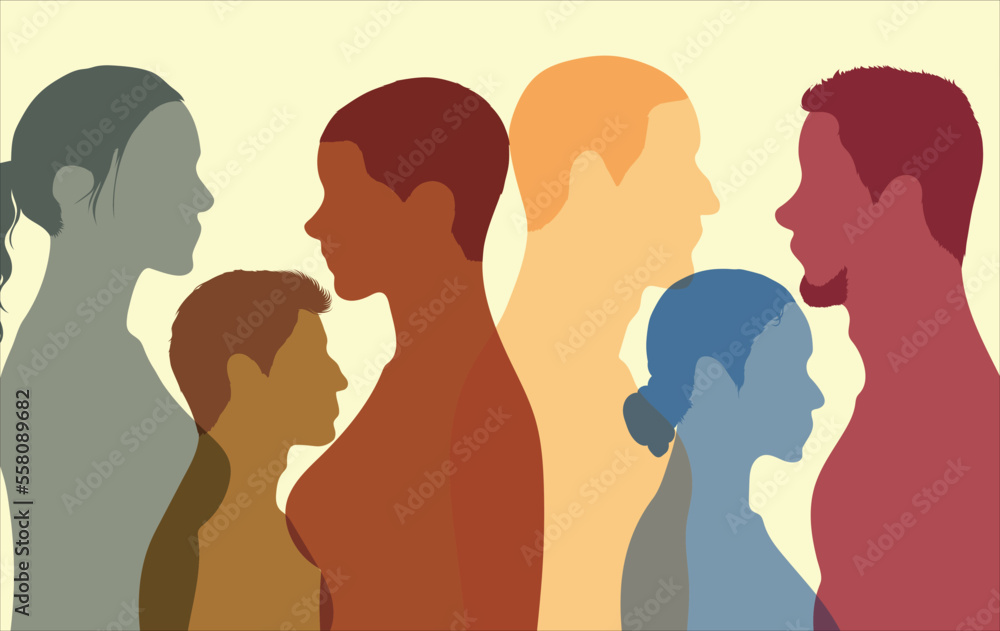 Men and women from diverse cultures make up a multicultural society. People of diverse ethnicities and races. Racism and equality of racial groups. Vector Illustration