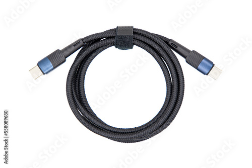 Phone charging cable with USB C connector isolated on white background photo