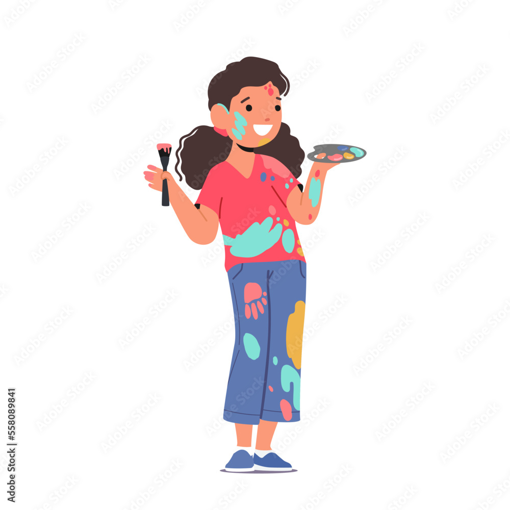Cute Little Child with Palette, Brush and Dye Spots on Clothes, Face and Hands. Happy Childhood, Talented Child Cute Little Child with Palette, Brush and Dye Spots on Clothes, Face and Hands. Happy Childhood, Talented Child