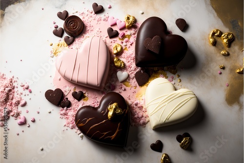 Heart shaped chocolate pralines. Brown  white and rose colors. Valentines wallpaper. Generative ai.