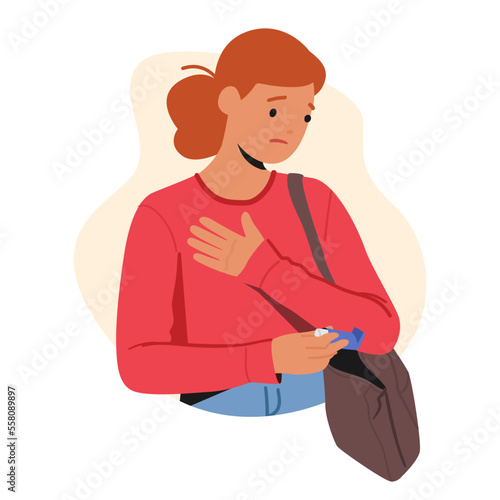 Unhappy Female Character with Asthma Attack Taking Inhaler from Bag Trying to Help herself. Respiratory Disease