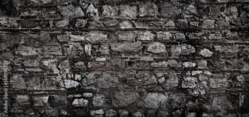 Dirty Dark Grunge Stonewall Old Weathered Wall Texture Wallpaper Banner Copy Space Black and white