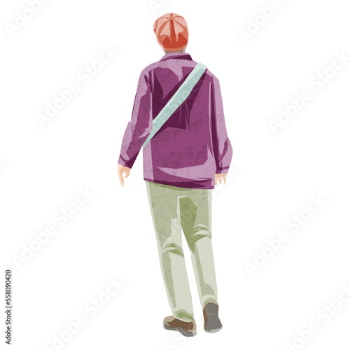 散歩する人の後ろ姿手描き水彩風イラスト