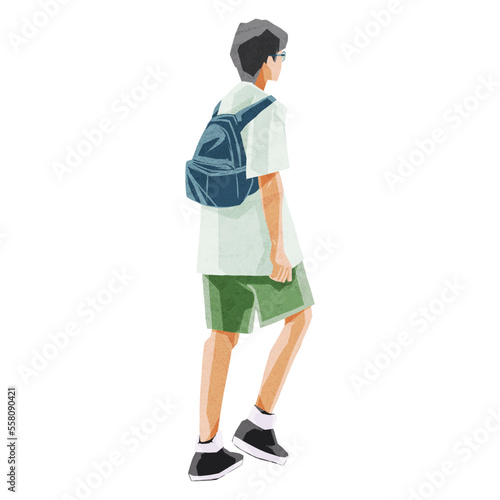 散歩する人の後ろ姿手描き水彩風イラスト
