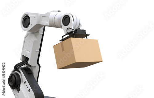 Robot arm lifting a cardboard box on transparent background, PNG file