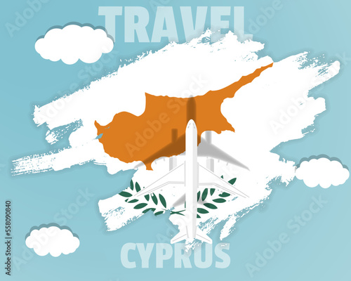 Traveling to Cyprus, top view passenger plane on Cyprus flag, country tourism banner idea
