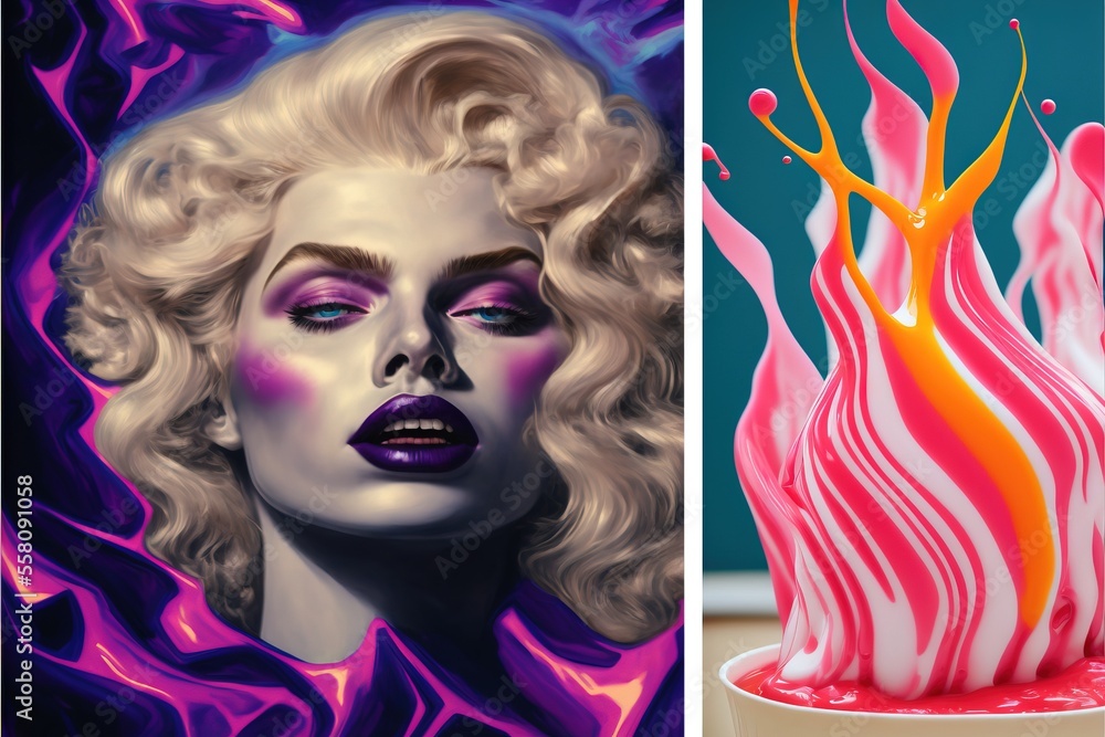 Obraz premium a painting of a woman's face and a painting of a woman's face with pink and orange swirls on the side of her face and a painting of a woman's face.