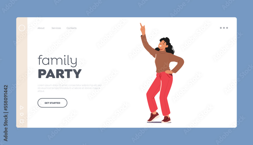 Family Party Landing Page Template. Young Woman Enjoy Dancing. Happy Female Character Dance, Moving Body