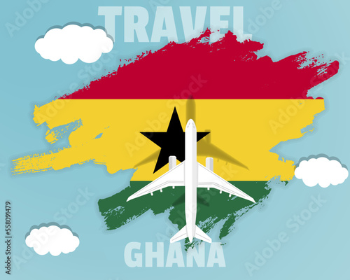 Traveling to Ghana, top view passenger plane on Ghana flag, country tourism banner idea