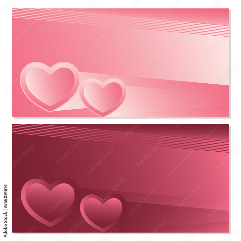 Set of gradient red color Valentine's day concept backgrounds, with 2 heart symbol icons. Vector illustration. For love sale Banner or greeting card