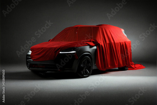 The SUV car is covered with red cloth on a black background. 3d rendering