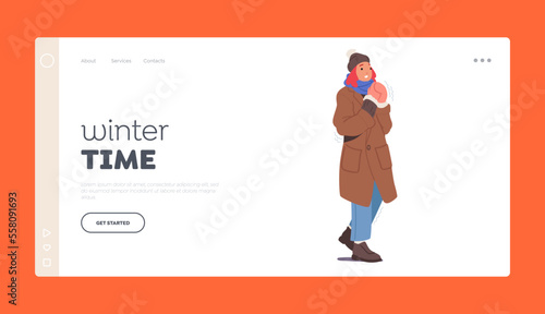 Winter Time Landing Page Template. Freezing Female Character Wrapped in Warm Clothes, Hat, Scarf, Mittens, Boots