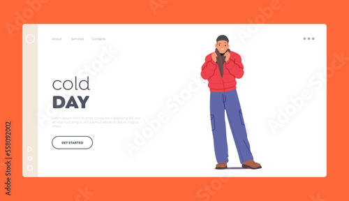Cold Day, Weather, Freeze Season Concept for Landing Page Template. Freezing Male Character Wear Warm Winter Clothes