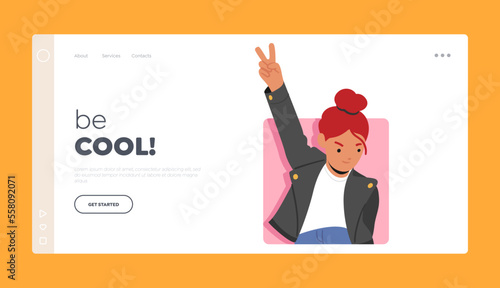 Be Cool Landing Page Template. Girl Showing Victory Gesture Peeking Out Pink Square Frame. Child Look from the Hole
