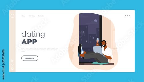 Dating App Landing Page Template. Male Character with Wineglass Chatting via Laptop in Social Internet Network
