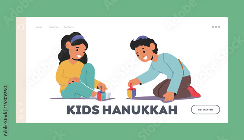 Kids Hanukkah Landing Page Template. Happy Children Playing With Wooden Dreidels. Little Girl and Boy Spinning Toys