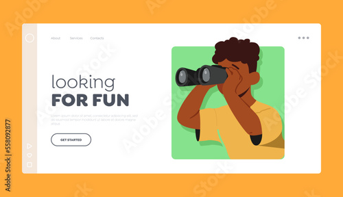 Looking for Fun Landing Page Template. Little Boy Look in Binoculars, Kid Peeking Out Of Green Square Frame