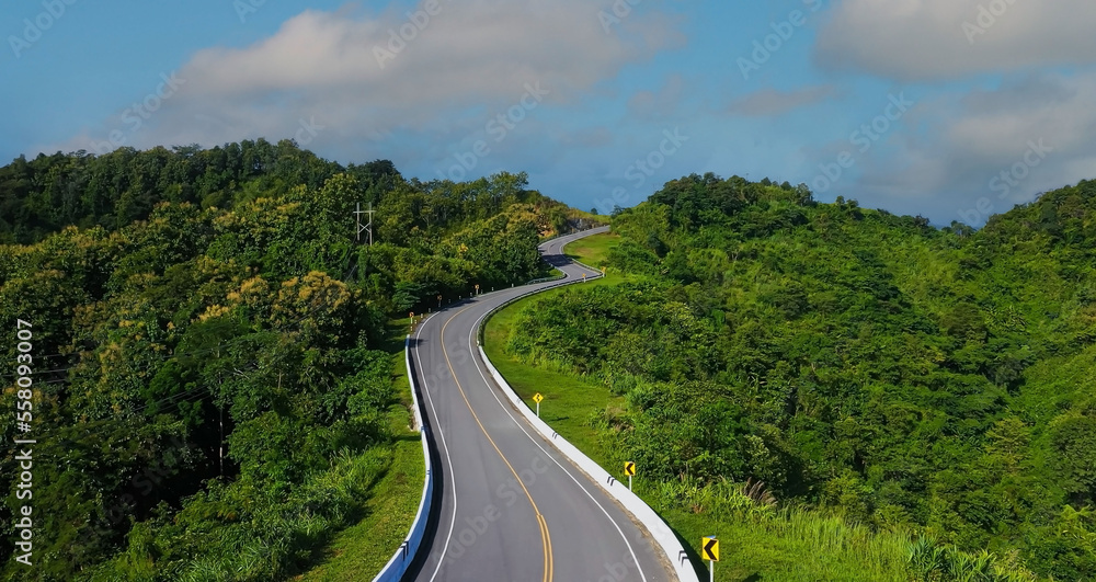 The highway stairs to the sky of road trough with green forest as the nature landscape background The highway stairs to the sky of road trough with green forest as the nature landscape background