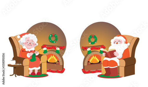 Christmas Santa Claus and Mrs Claus isolated characters sitting in armchair in front of fireplace. Cozy fireplace interior with christmas decorations.