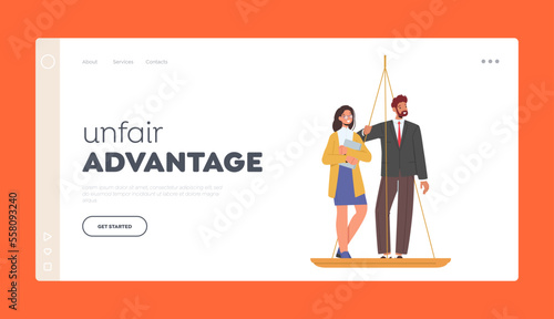 Unfair Advantages Landing Page Template. Inequality and Imbalance Concept. Male and Female Characters Stand on Scales