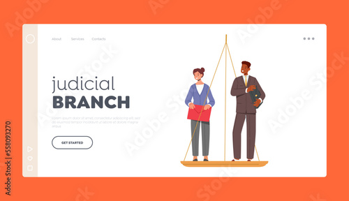 Judicial Branch Landing Page Template. Male and Female Characters Stand on Scales, Discrimination In Corporation