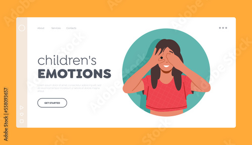 Children Emotions Landing Page Template. Girl Peeking Out Of Green Round Frame. Child Closing One Eye Look from the Hole
