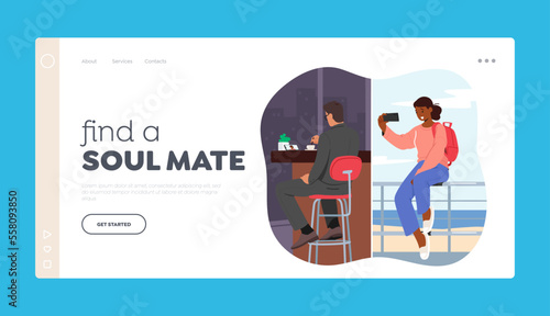 Find Soul Mate Landing Page Template. Virtual Love or Loving Relations in Internet. Male and Female Characters Dating