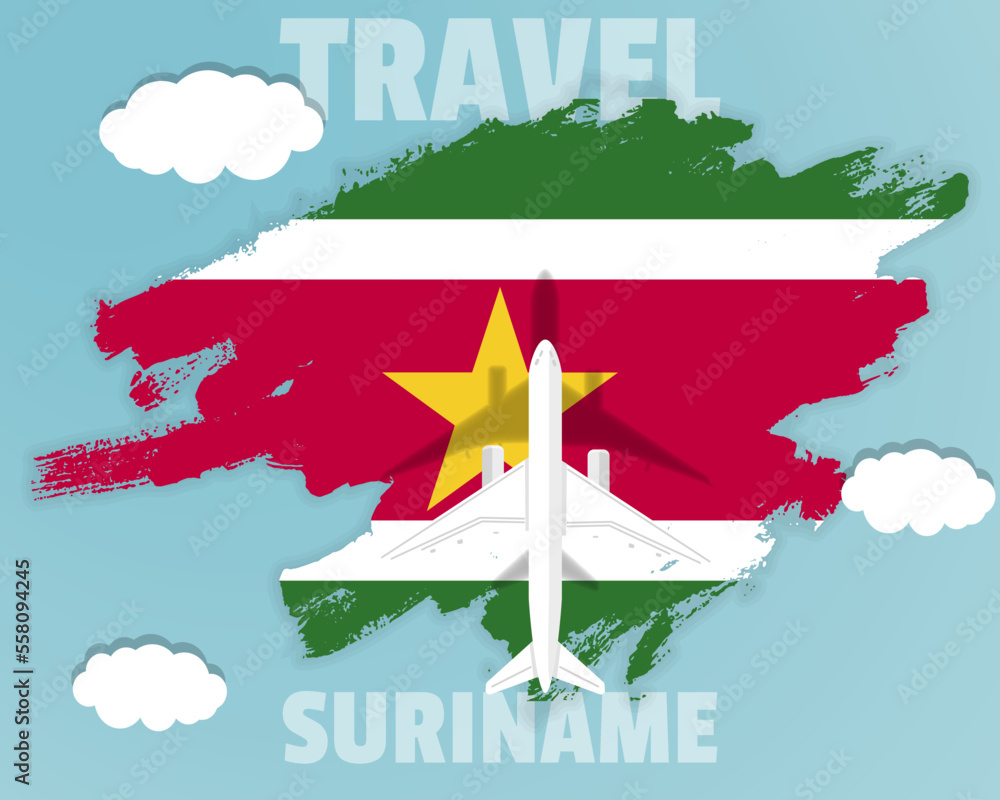 Traveling to Suriname, top view passenger plane on Suriname flag, country tourism banner idea