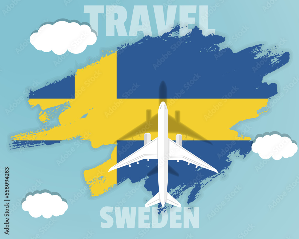 Traveling to Sweden, top view passenger plane on Sweden flag, country tourism banner idea
