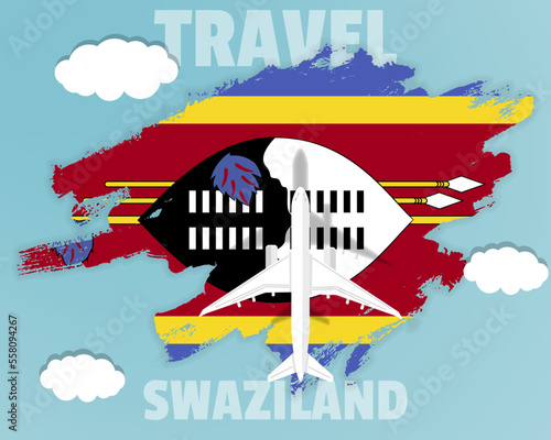 Traveling to Swaziland, top view passenger plane on Swaziland flag, country tourism banner idea