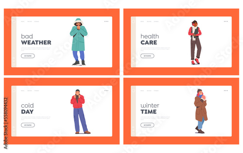 Freezing People at Cold Weather Landing Page Template Set. Male and Female Characters Wearing Warm Winter Clothes