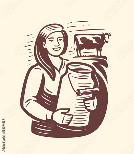 Milkmaid with milk can, emblem. Dairy farm, dairymaid farmer badge. Healthy organic natural food. Vector illustration