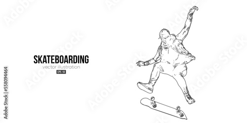 Abstarct silhouette of a skateboarder on white background. The skateboarder man is doing a trick. Street skateboarding. Vector illustration