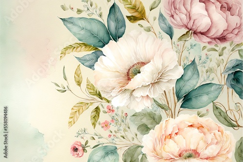 Fototapeta Naklejka Na Ścianę i Meble -  a painting of a bouquet of flowers on a white background with green leaves and pink flowers on the side of the picture is a watercolor painting of a bouquet of flowers on a light green background., ai