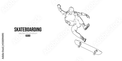 Abstarct silhouette of a skateboarder on white background. The skateboarder man is doing a trick. Street skateboarding. Vector illustration