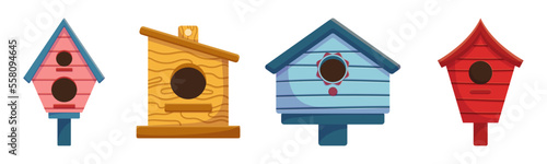 Set of Wooden Bird Houses, Colorful Feeders, Sweet Homes for Birds of Different Design with Slope Roof, Birdhouses
