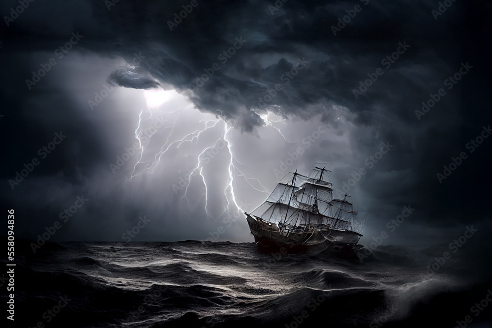 Fototapeta premium A Pirate ship in the middle of the storm created with Generative AI