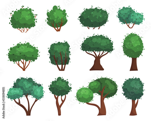 Set of Cartoon Trees Isolated on White Background. Forest And Garden Green Plants, Deciduous Landscape Objects