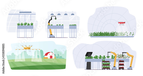 Set Of Smart Farm And Greenhouse Technology. Automated Robotics Agriculture, Innovative Cyborgs Care Of Plants