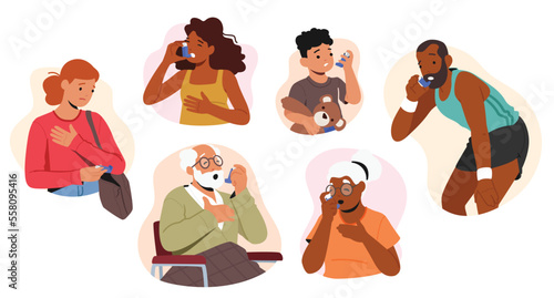 Set of Male and Female Characters Suffer of Asthma Symptoms, Adults, Seniors and Kids Use Inhaler, Respiratory Disease