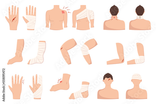 Set of Body Injuries, Palm, Finger, Shoulder or Elbow. Leg, Foot, Knee and Head Trauma with Bandage and Blood, First Aid