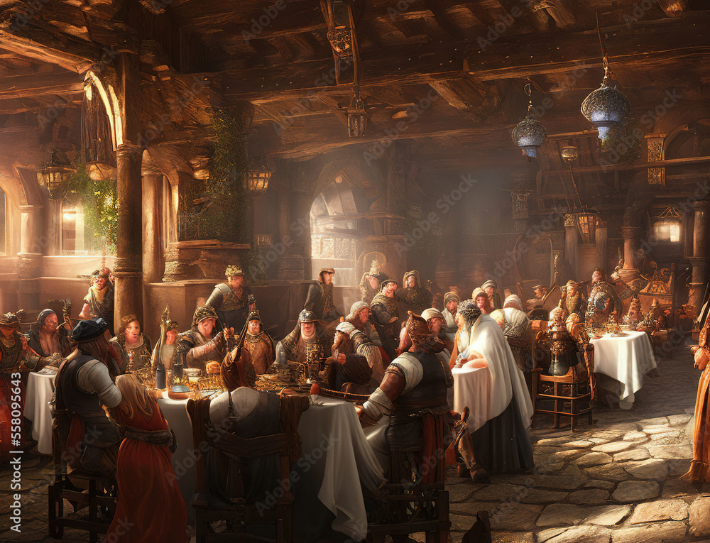 А feast in a medieval tavern, AI generated Stock Illustration | Adobe Stock